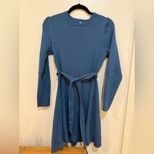 Blue Ribbed Knit Dress with Belt